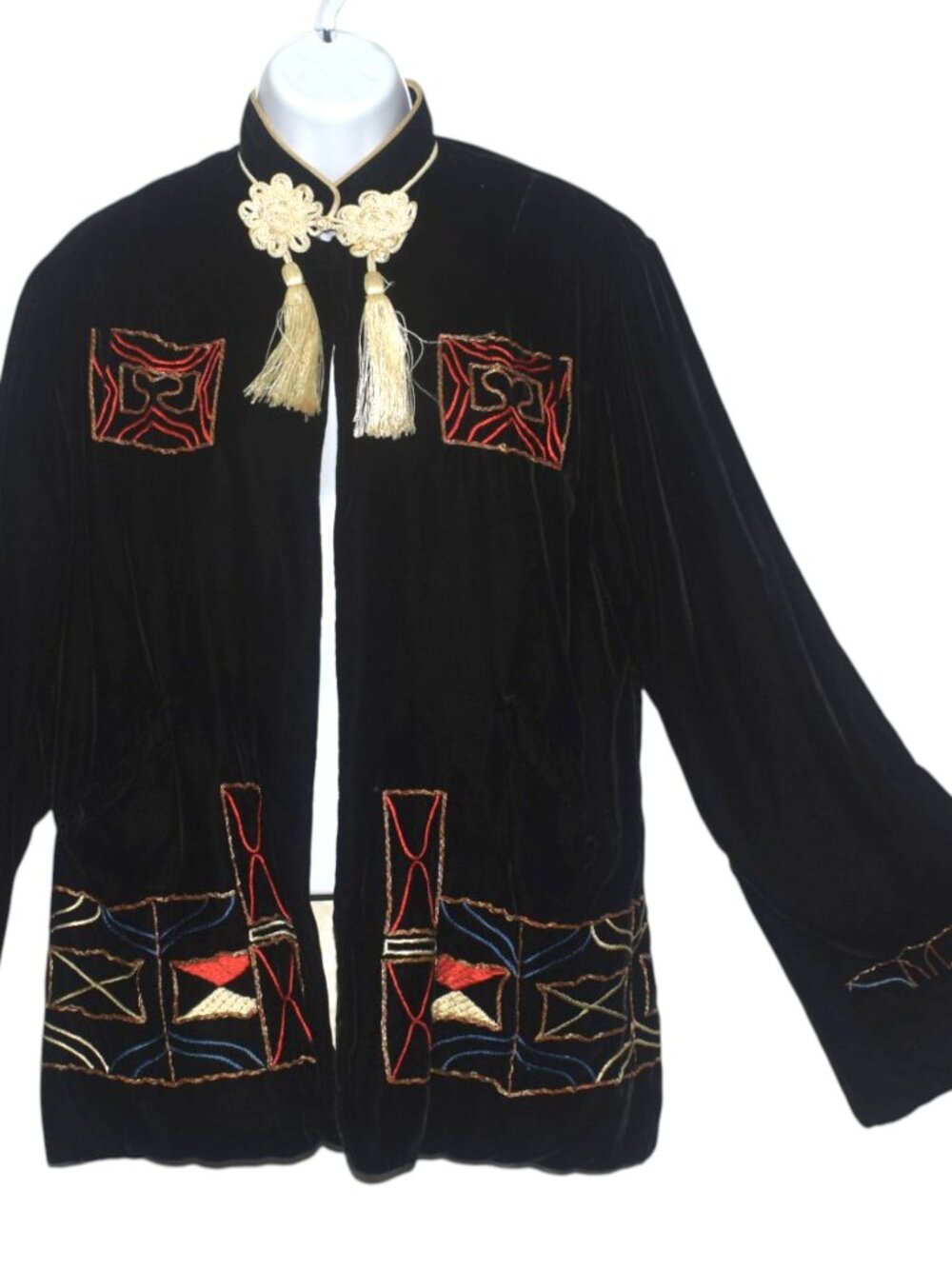 Vintage 50s 60s Japan Black Velvet Embroidered Jacket Tassel Mandarin Collar M L